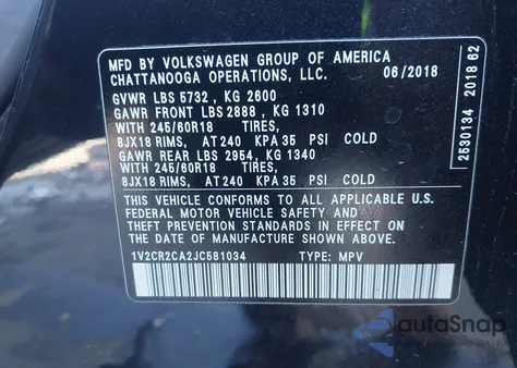 2018 Volkswagen Atlas 3.6L V6 Se из США, поврежденный, VIN 1V2CR2CA2JC581034